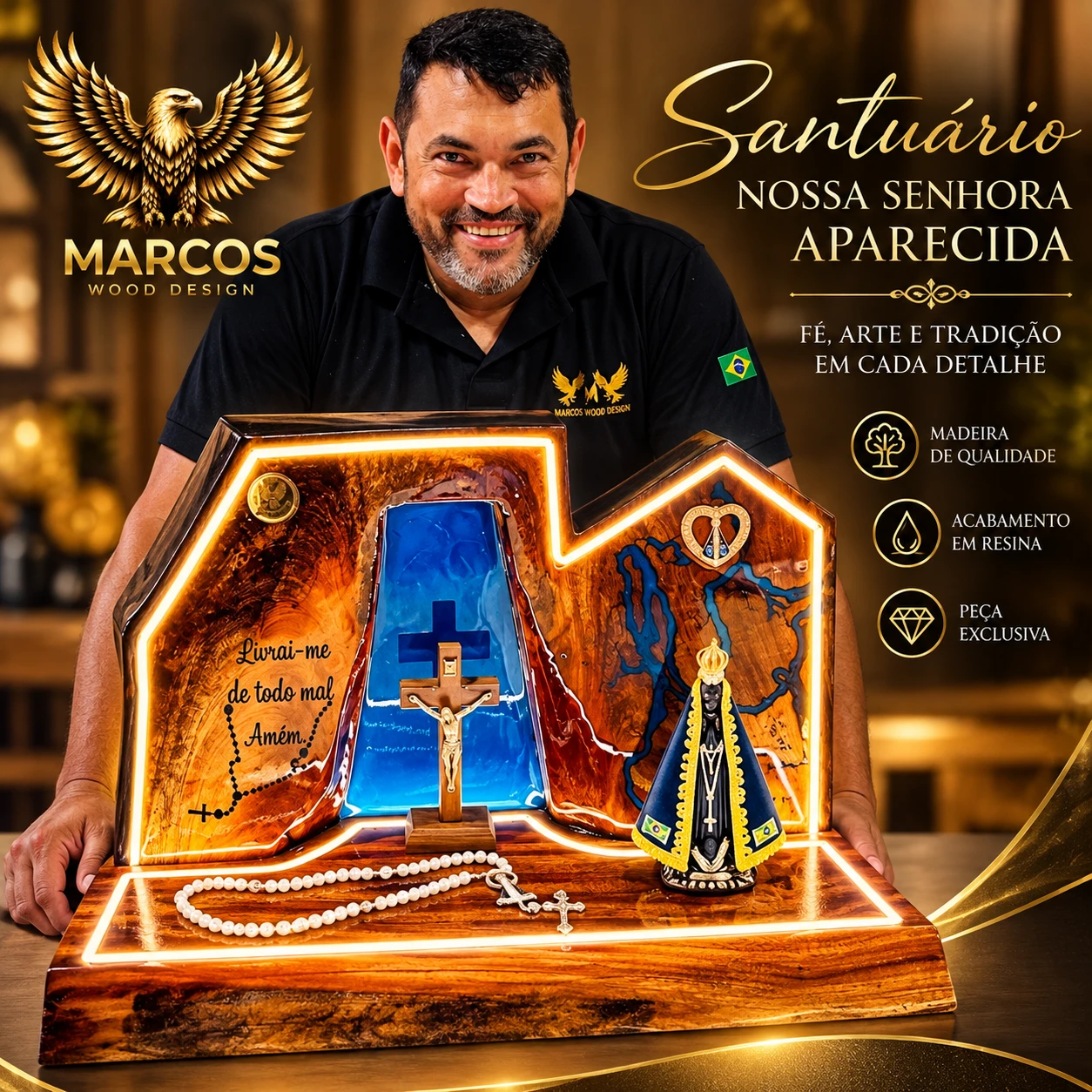 Santuário Rústico Platinum com LED | Efeito Lichtenberg e Acabamento em Resina - 2