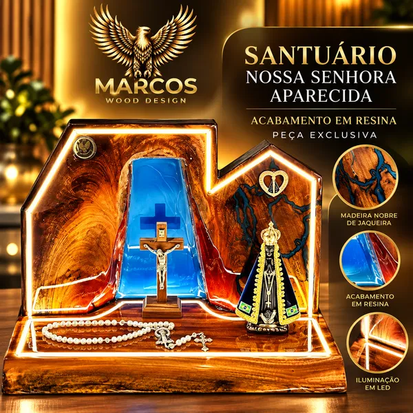 Santuário Rústico Platinum com LED | Efeito Lichtenberg e Acabamento em Resina
