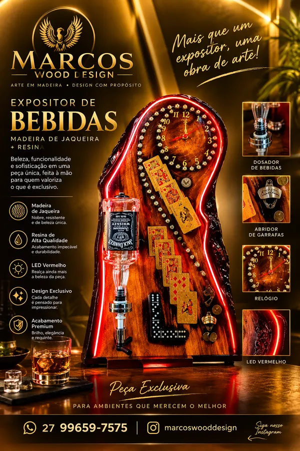 Porta Bebidas com Dosador, Abridor Magnético e Relógio Magnata