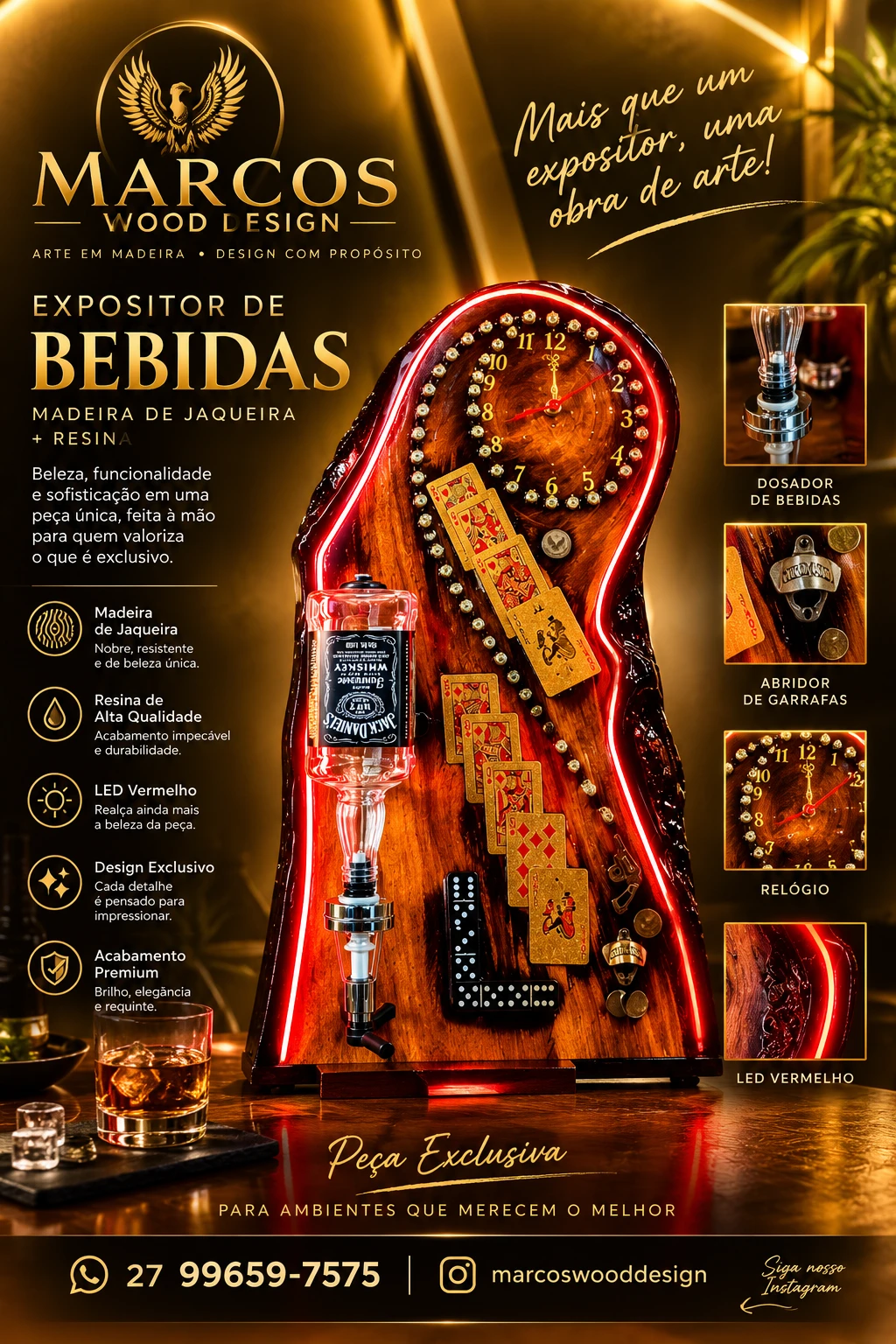 Porta Bebidas com Dosador, Abridor Magnético e Relógio Magnata - 1