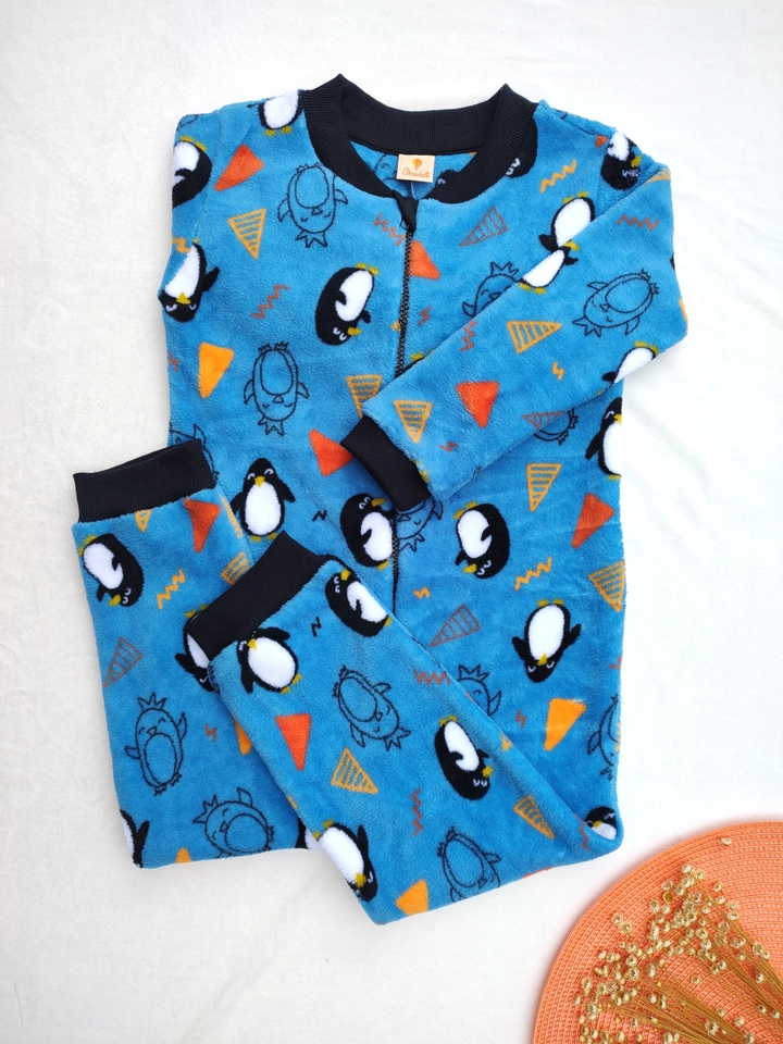 Macacão Fleece Peluciado Pinguim Azul