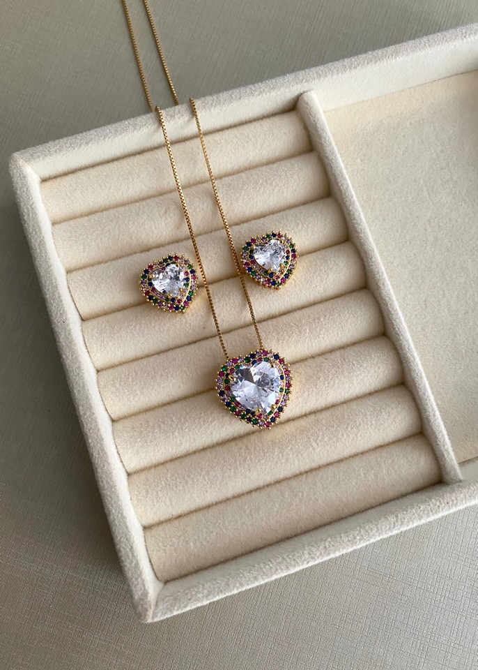 Conjunto Coração Cristal Color Luxo