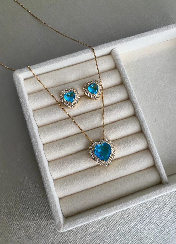 Conjunto Coração Cravejado Azul Luxo - 1