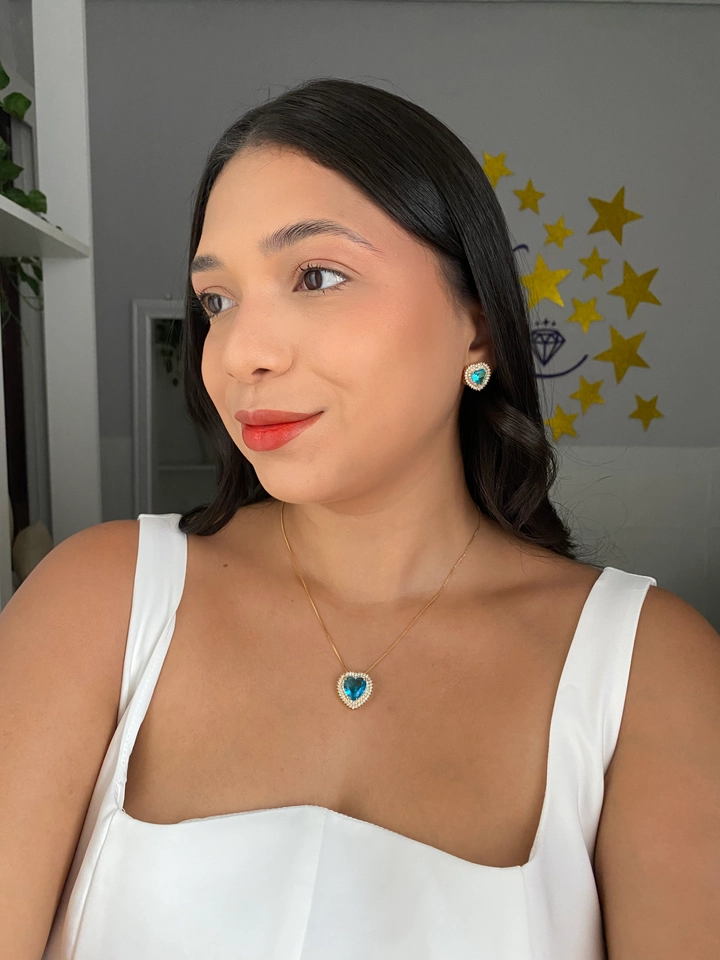 Conjunto Coração Cravejado Azul Luxo - 2
