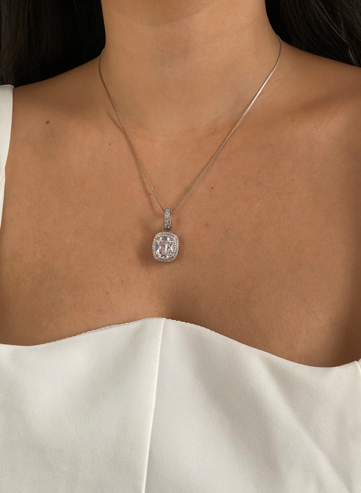 Colar Luxo Zircônia Retangular Ródio
