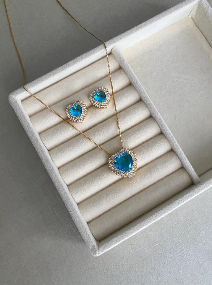 Conjunto Coração Cravejado Azul Luxo - 5