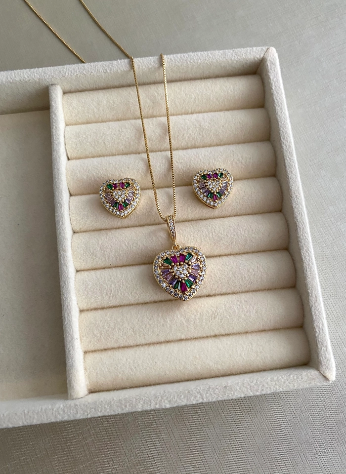 Conjunto Coração Cravejado Zircônias Baguetes - 6