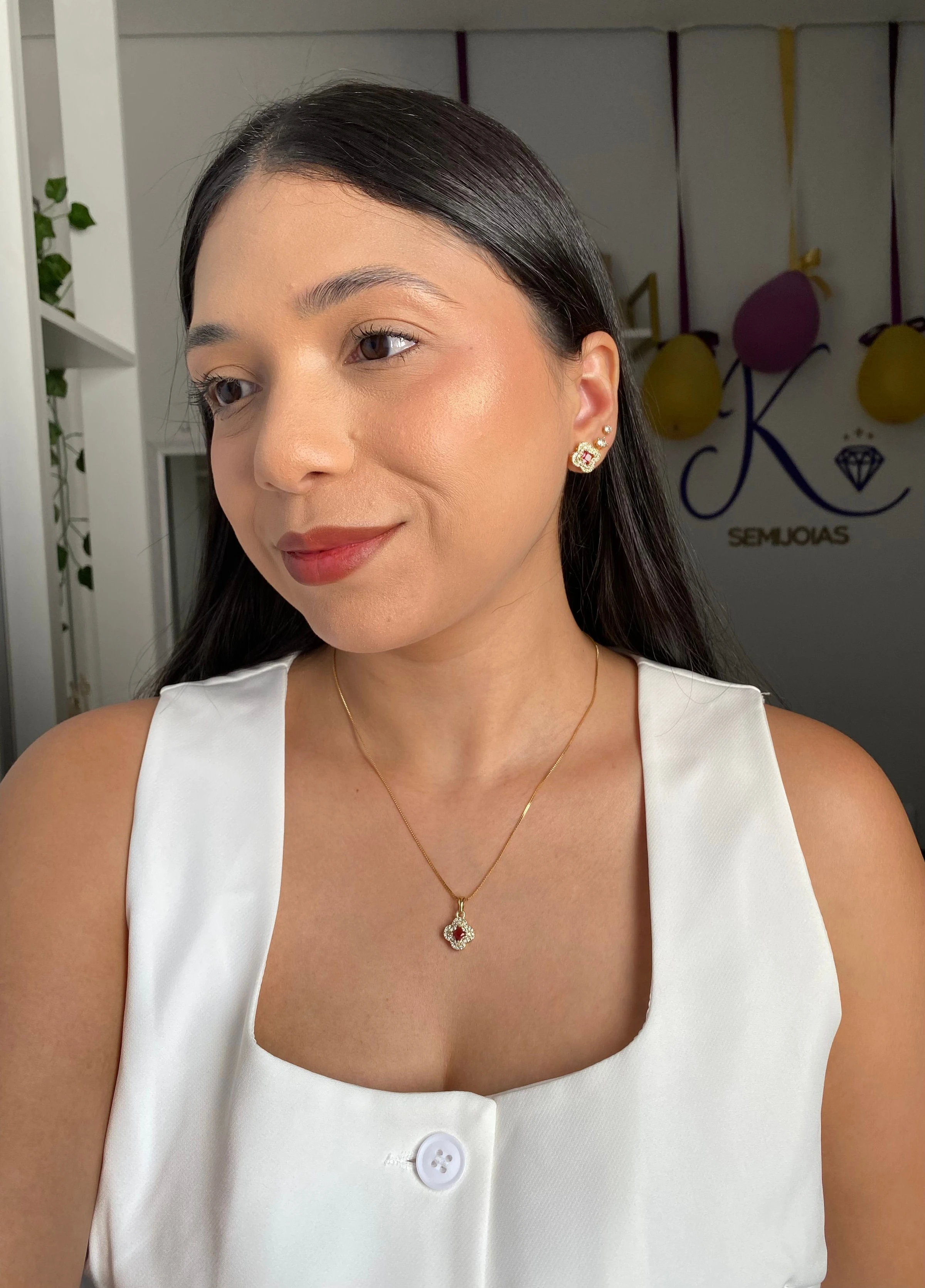 Conjunto Cravejado Flor Rosa - 2