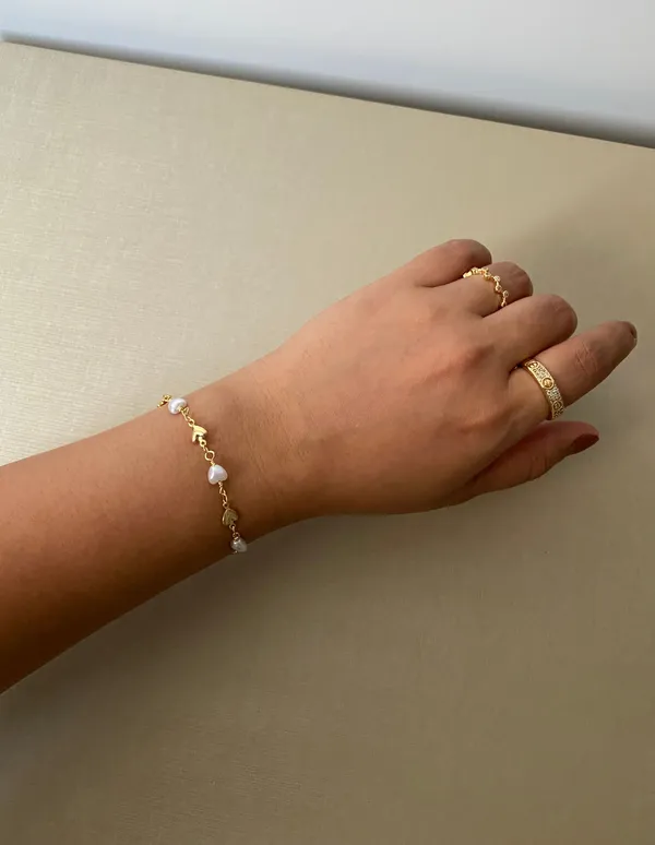 Pulseira Coração Liso e Pérola