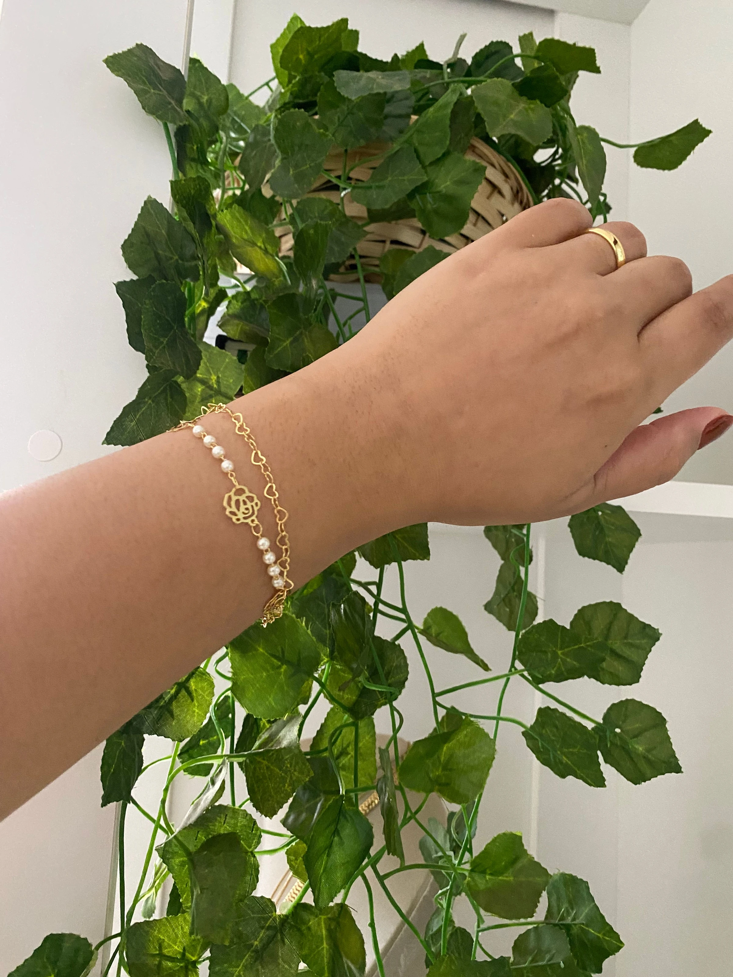 Pulseira dupla mini pérola com rosas - 1