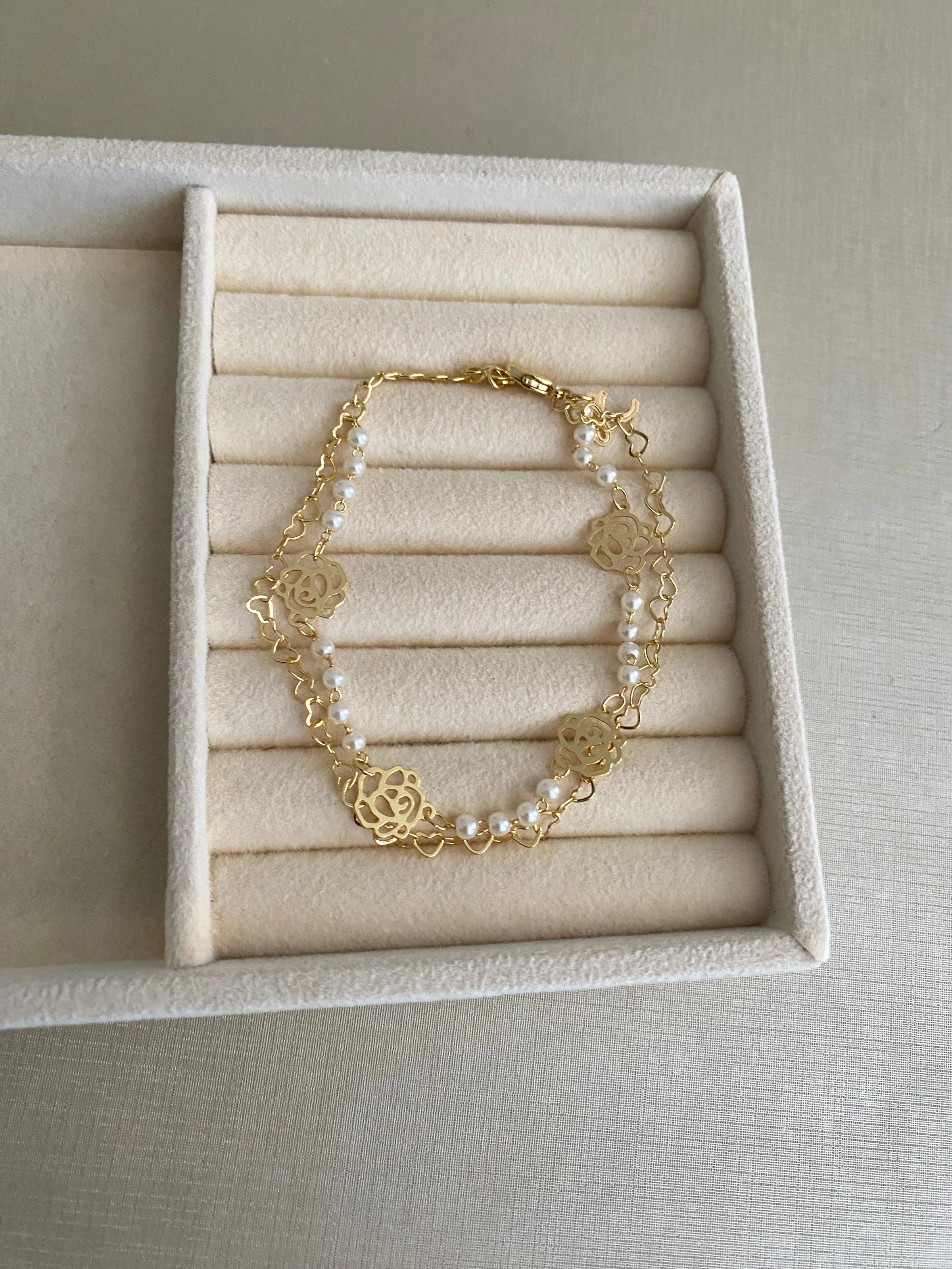Pulseira dupla mini pérola com rosas - 4