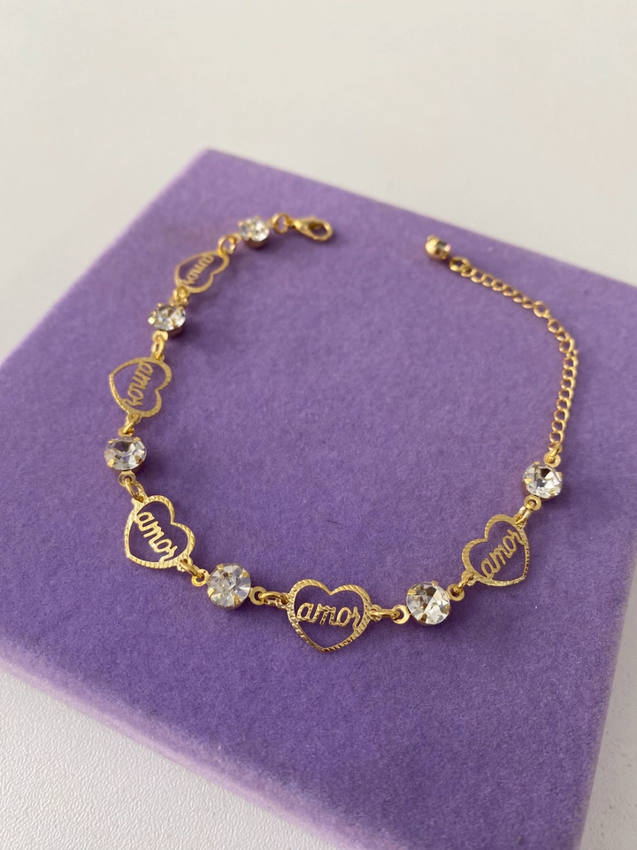 PULSEIRA AMOR COM PEDRAS FOLHEADO A OURO  - 1