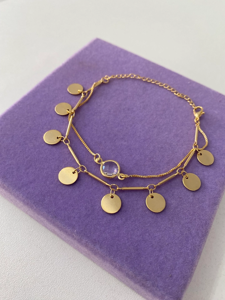 PULSEIRA DUPLA COM PONTO DE LUZ FOLHEADO A OURO  - 1
