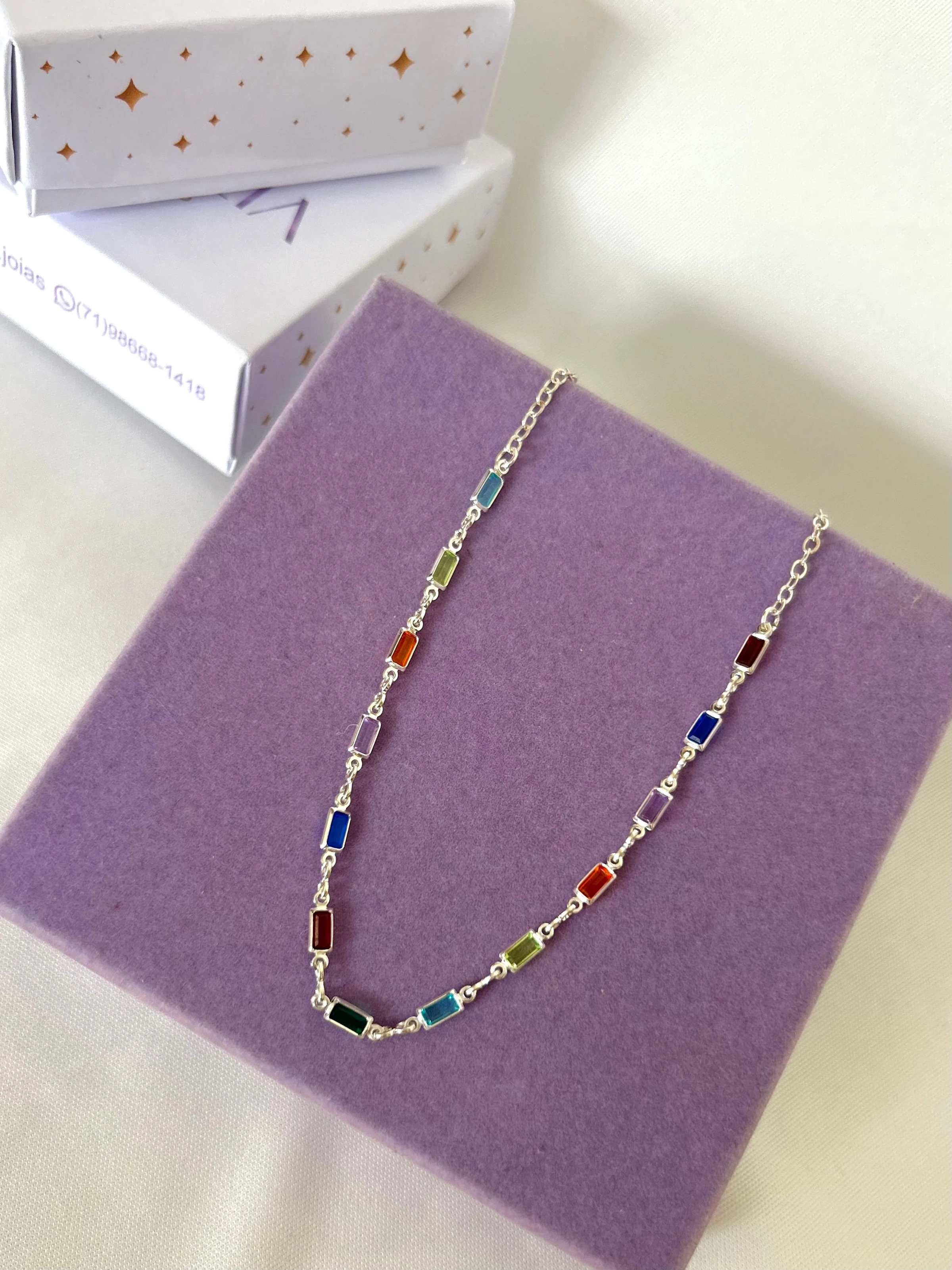 CHOCKER PEDRAS COLORIDAS FOLHEADO A PRATA  - 2