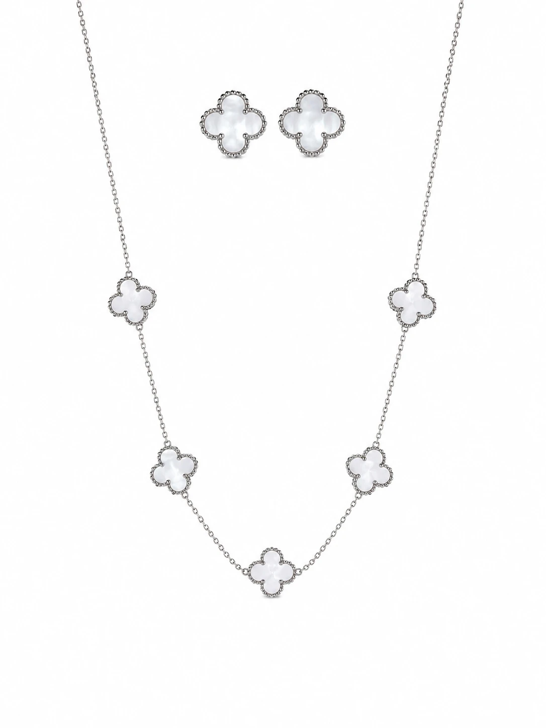 CONJUNTO TREVO BRANCO AÇO INOXIDÁVEL  - 1