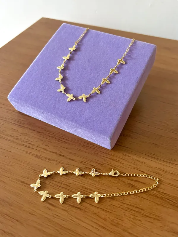 CONJUNTO BORBOLETA FOLHEADO A OURO 