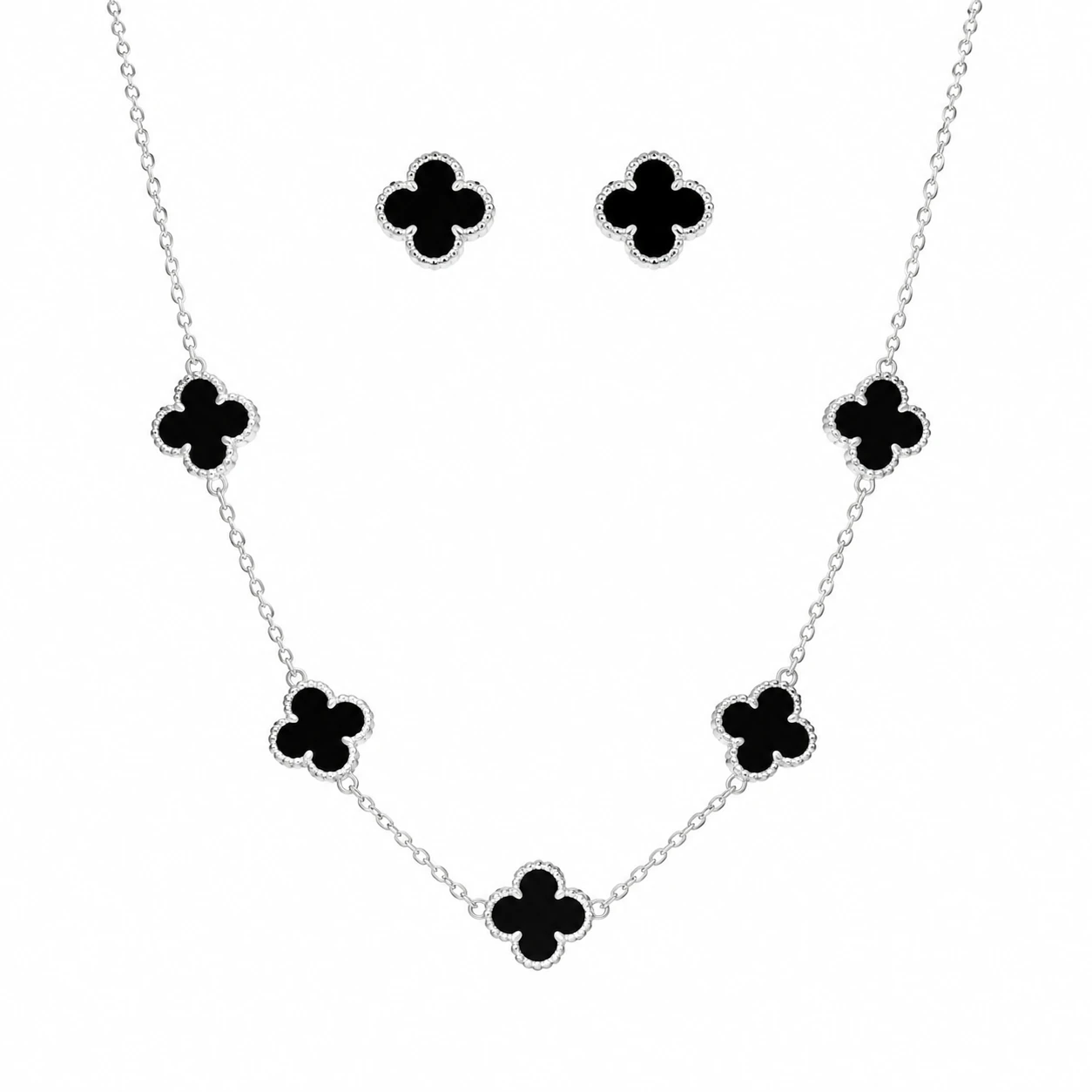 Conjunto 5 Trevos (Antialérgico) Prata C/ Preto - 1