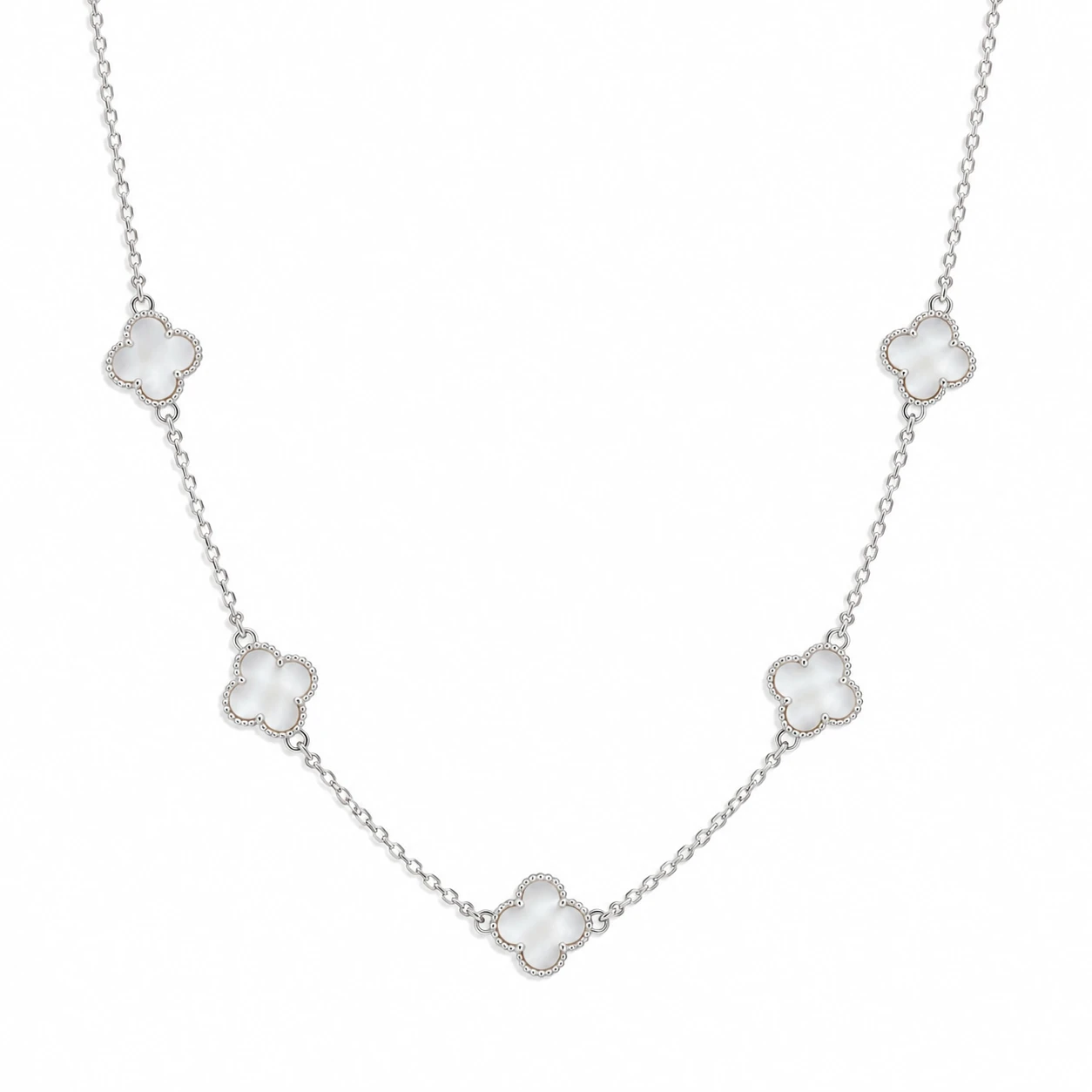 Colar 5 Trevos (Antialérgico) Prata C/ Branco - 1