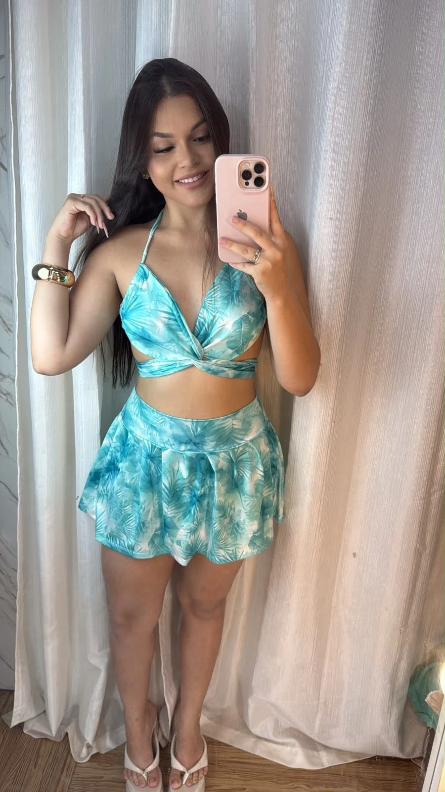 Conjunto shein short/saia poliamida (verde estampado) - 1