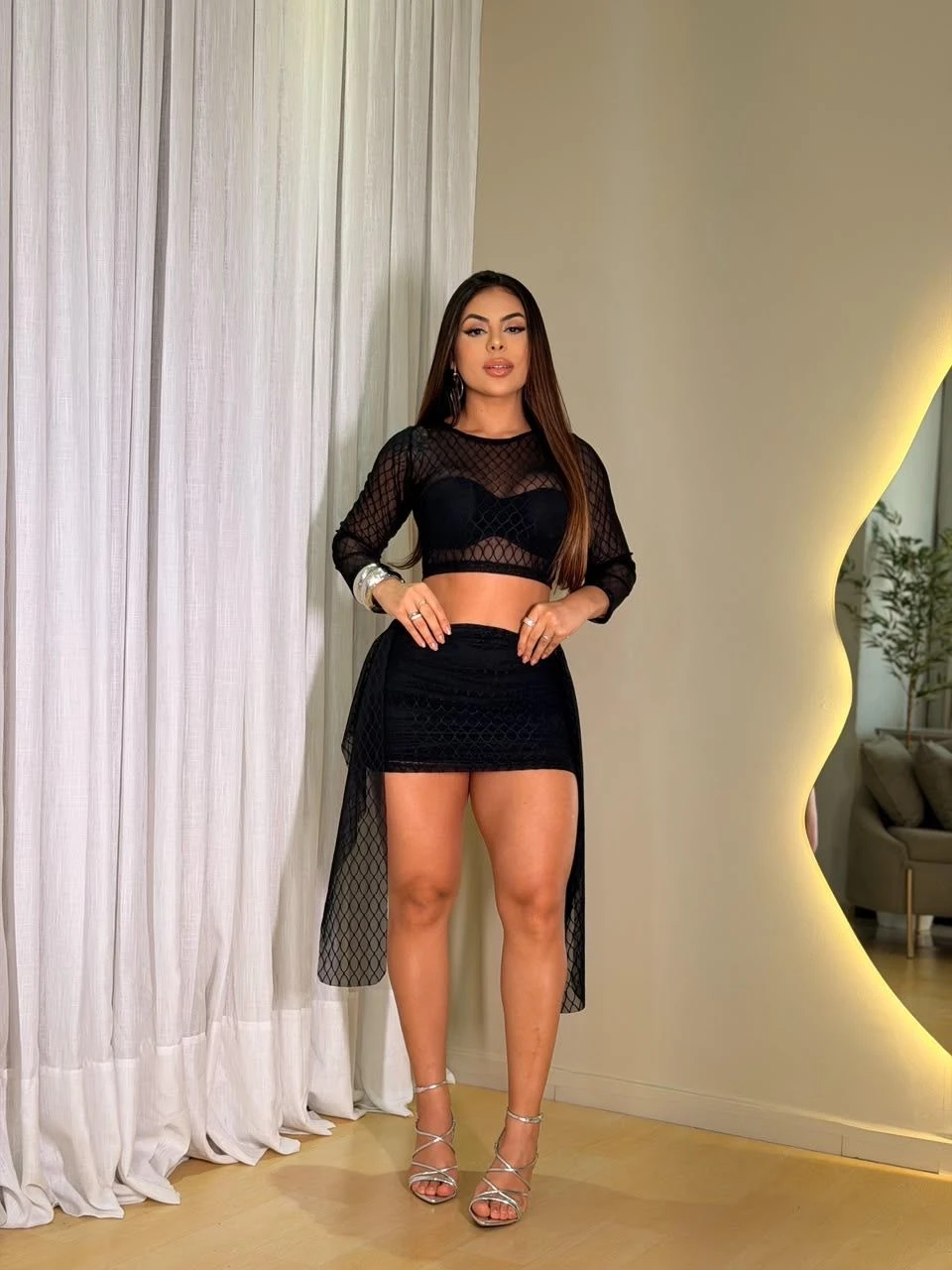 Conjunto tule /poliamida c/ manga (preto) - 3