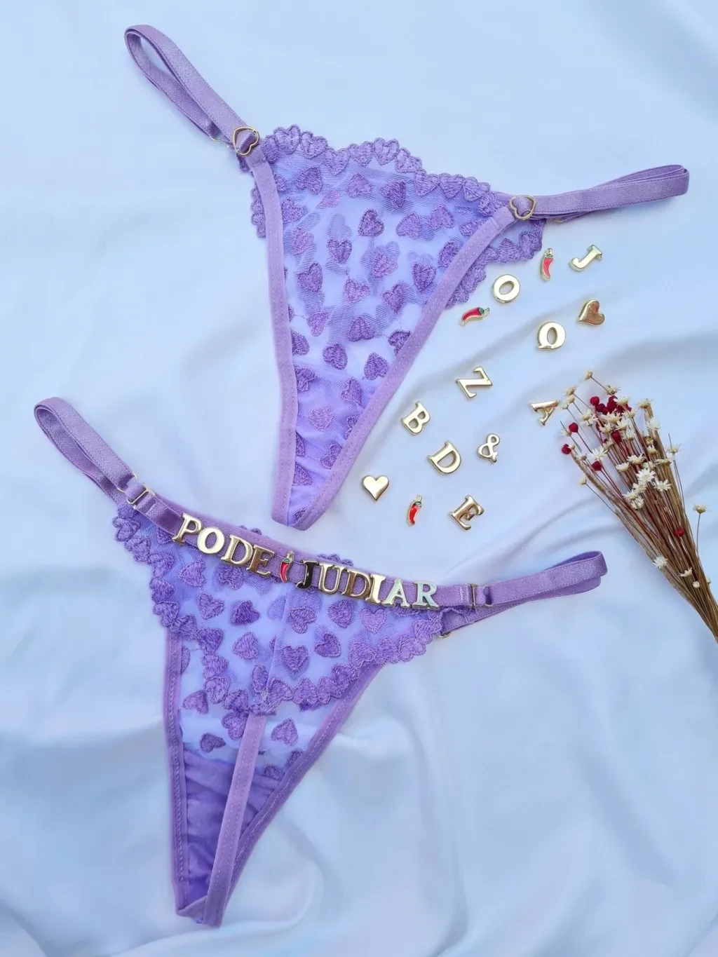 Calcinha personalizável fio tule coração Lilás  - 1