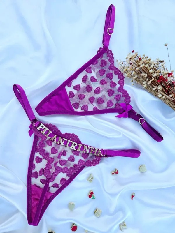 Calcinha personalizável fio tule coração Roxo