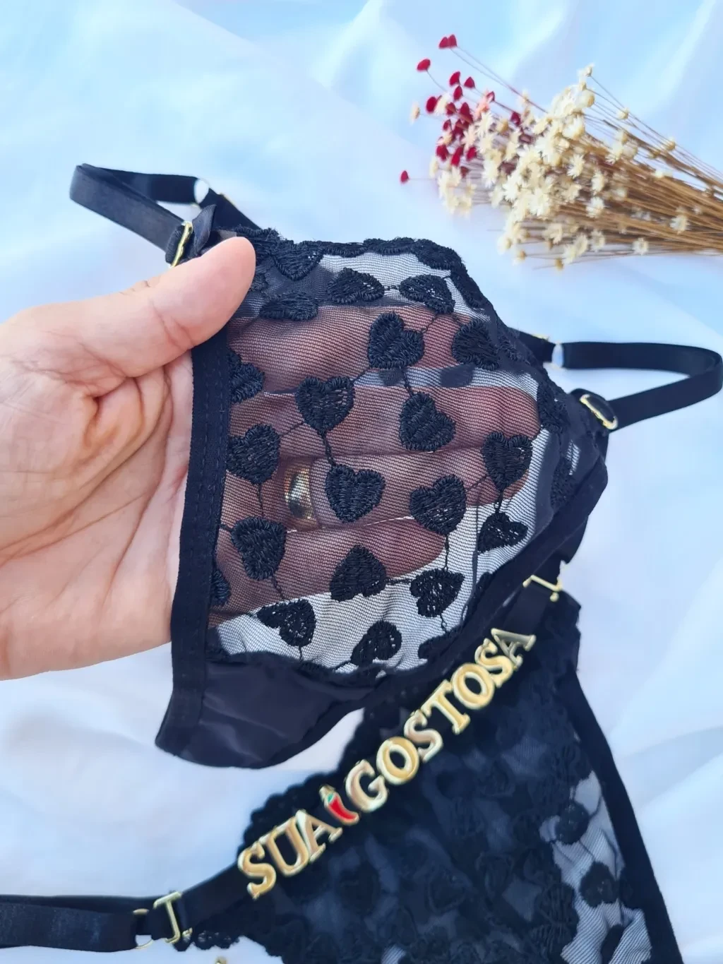 Calcinha personalizável fio tule coração preto - 3