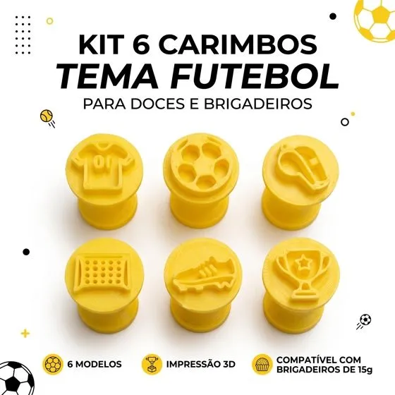 Kit 6 Carimbos para Brigadeiro e Doces Tema Futebol – Marcadores para Festa