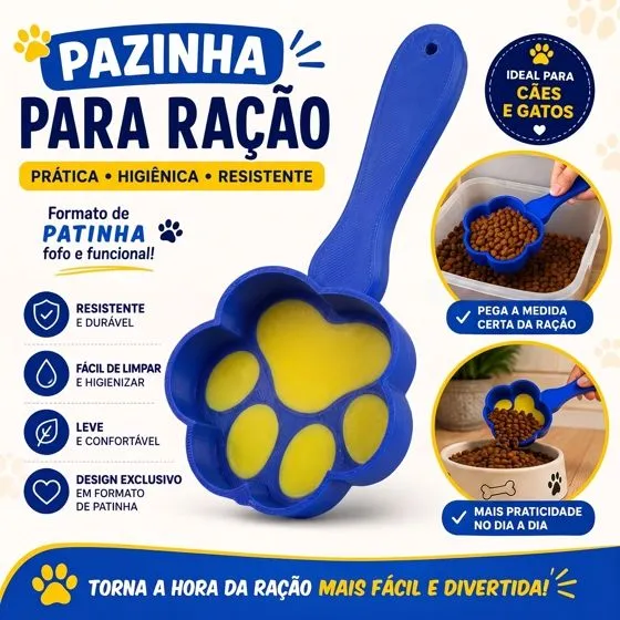 Pazinha para ração pet formato patinha colher dosadora para cães e gatos