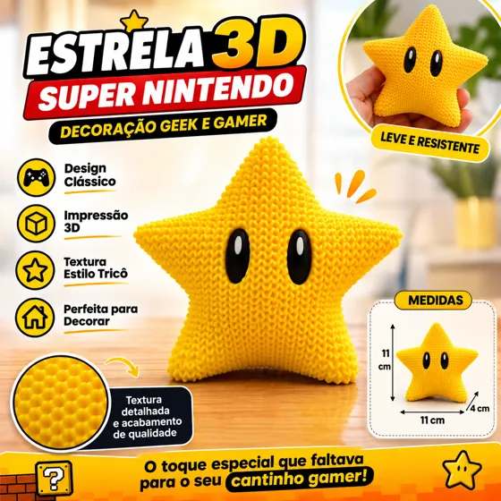 Estrela Decorativa Geek Gamer Super Nintendo 11cm Decoração para Quarto e Setup