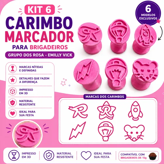 Kit 6 Carimbos para Brigadeiro Grupo dos Rosa Emilly Vick Doces Festa