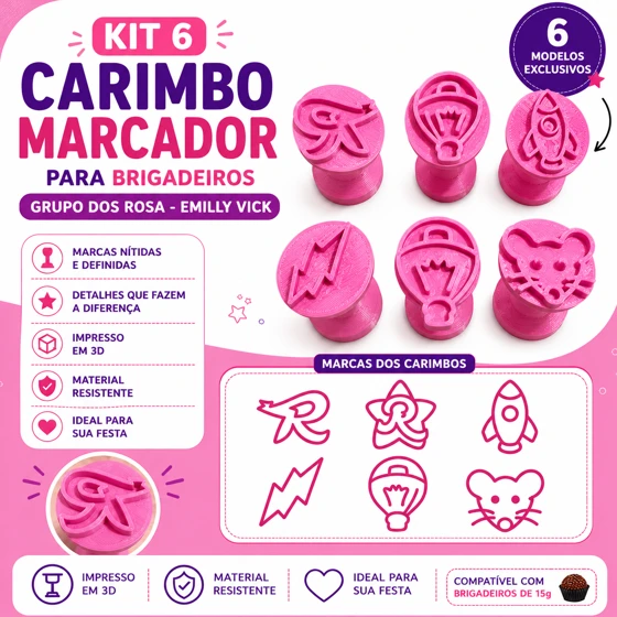 Kit 6 Carimbos para Brigadeiro Grupo dos Rosa Emilly Vick Doces Festa - 1