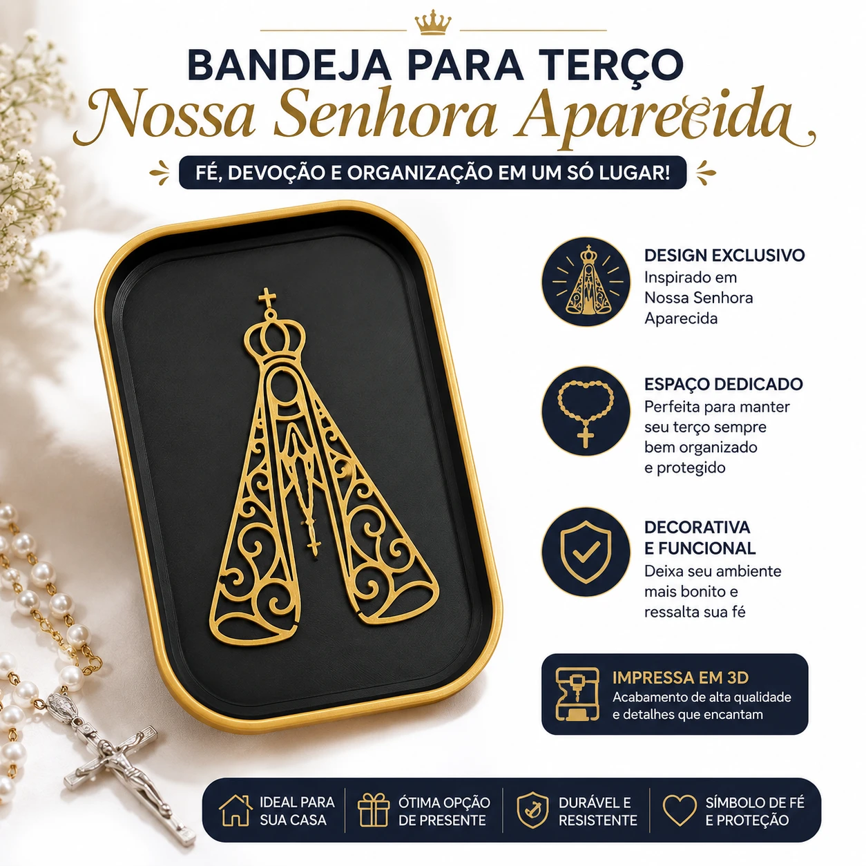 Bandeja para Terço Nossa Senhora Aparecida – Decorativa | Impressão 3D - 1