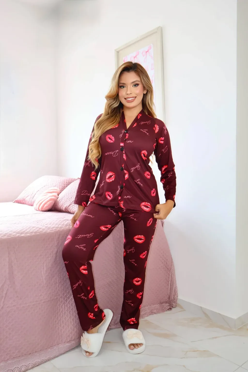Pijama Longo de Botão - Beijos & Love F. Vinho - 3