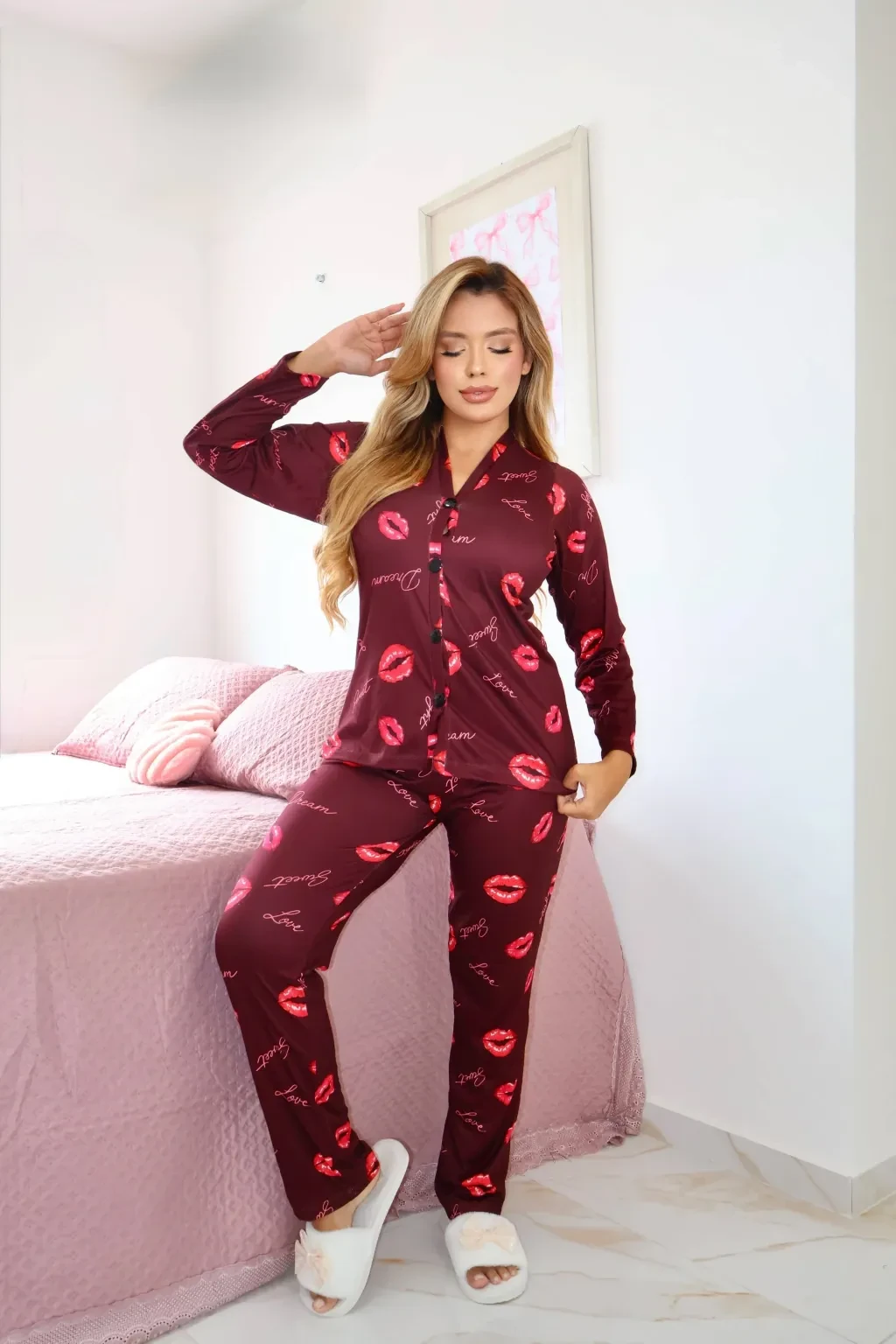 Pijama Longo de Botão - Beijos & Love F. Vinho - 4