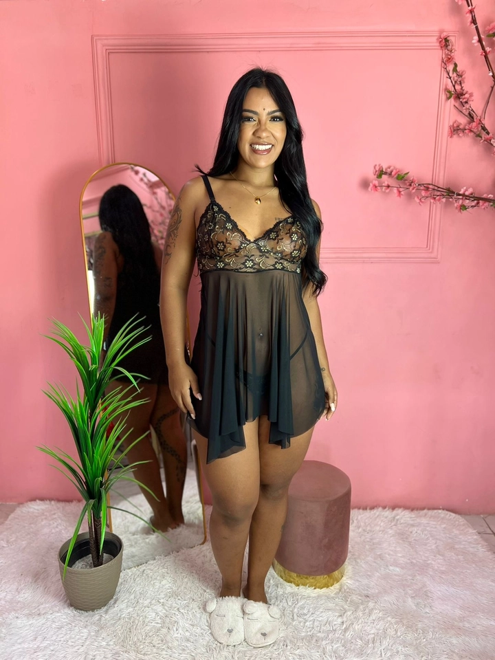 Camisola com calcinha Preta/flor - 3
