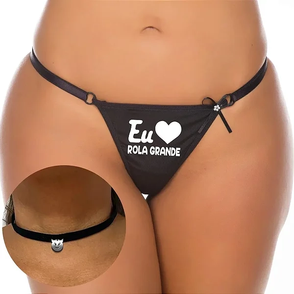 Kit Calcinha Fio Dental e Chocker com Frase "Eu Amo Rola Grande" - 1