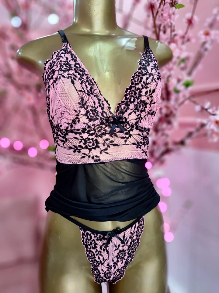 Camisola com Calcinha Renda Flor Preta/Pink - 3