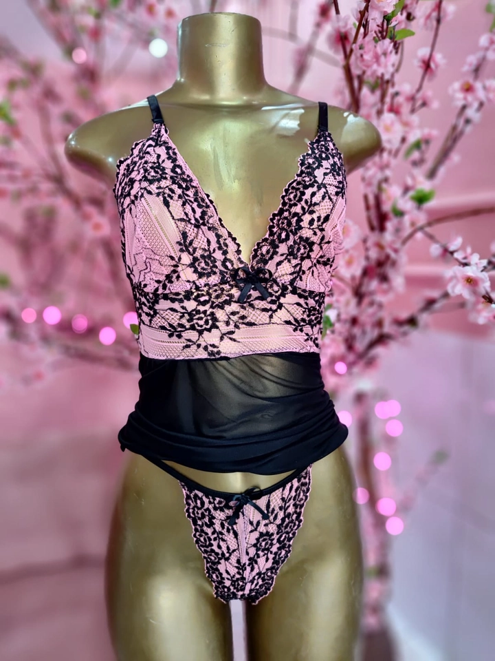 Camisola com Calcinha Renda Flor Preta/Pink - 1