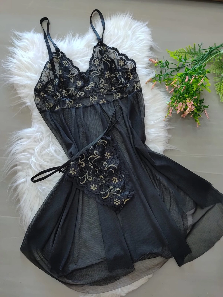 Camisola com calcinha Preta/flor - 2