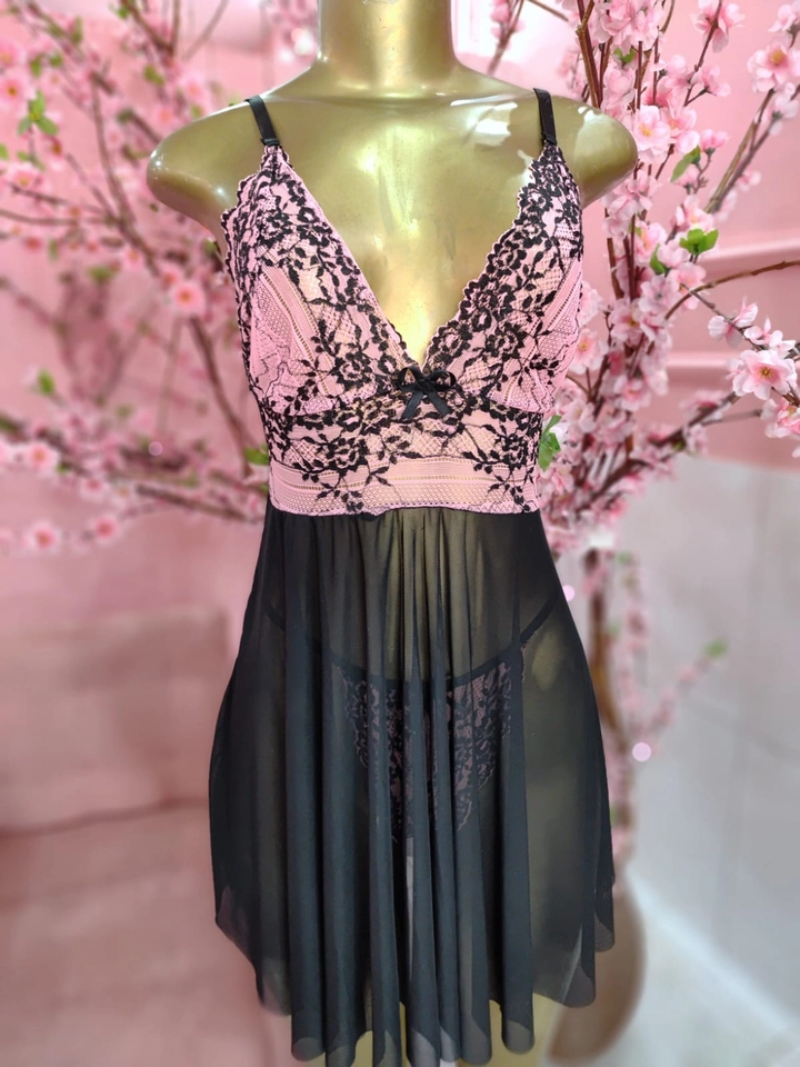Camisola com Calcinha Renda Flor Preta/Pink - 4