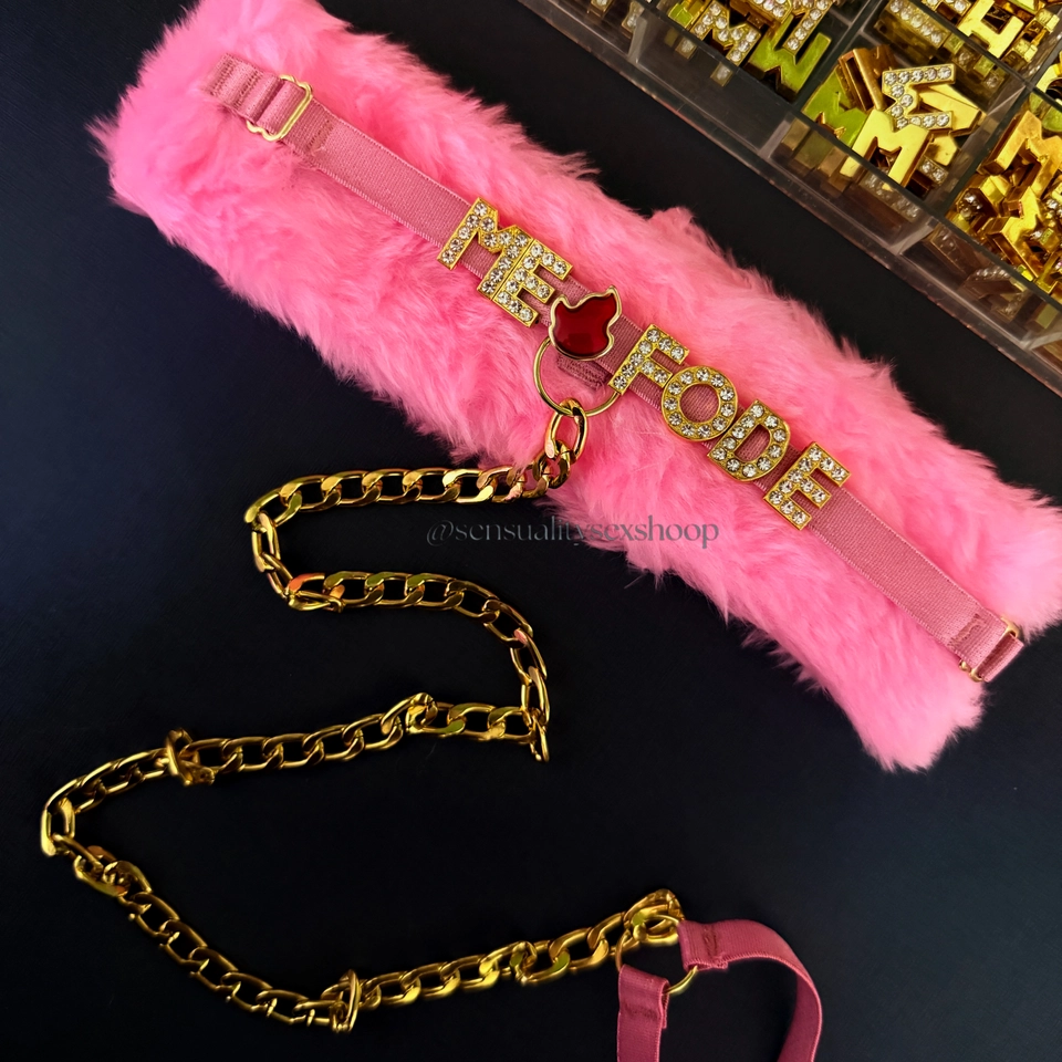 Coleira Personalizada Pelúcia Rosa Claro - 1