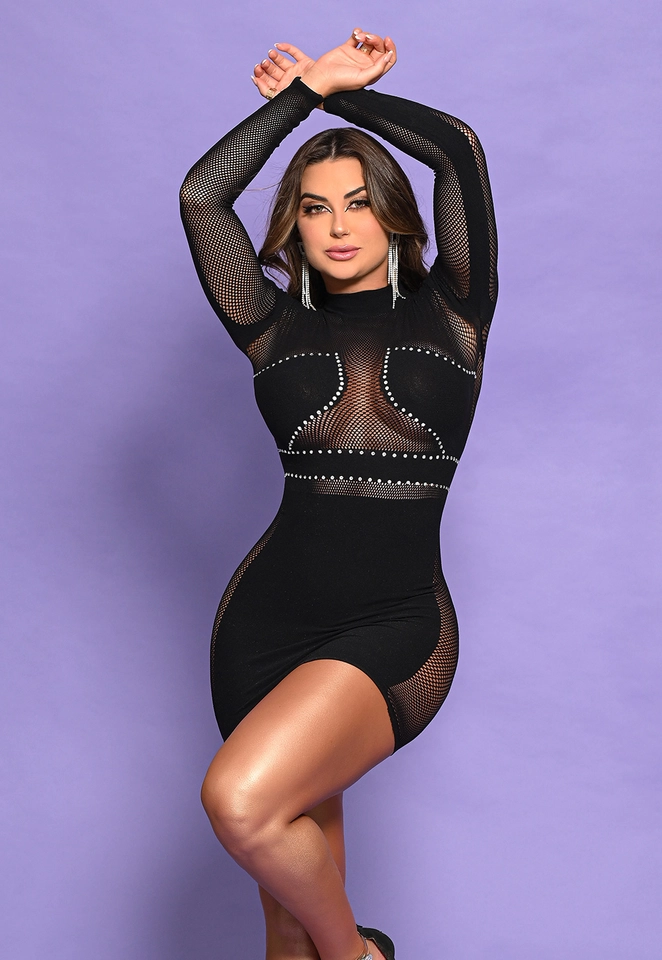 Vestido com Mangas Longas e detalhes em Strass - 1