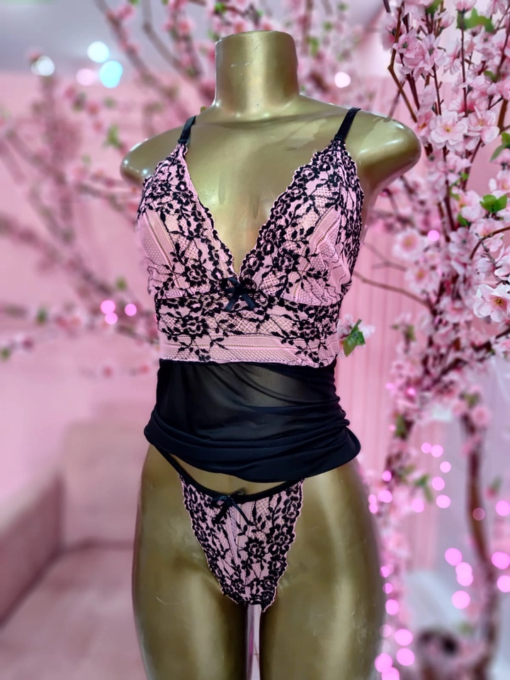 Camisola com Calcinha Renda Flor Preta/Pink - 2