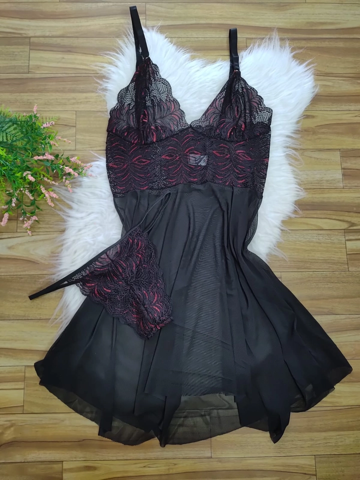 Camisola Com calcinha Preta/Rosa pimenta - 1