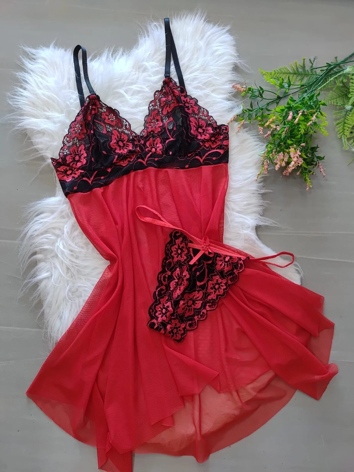 Camisola com calcinha Vermelha/preto Flor - 1