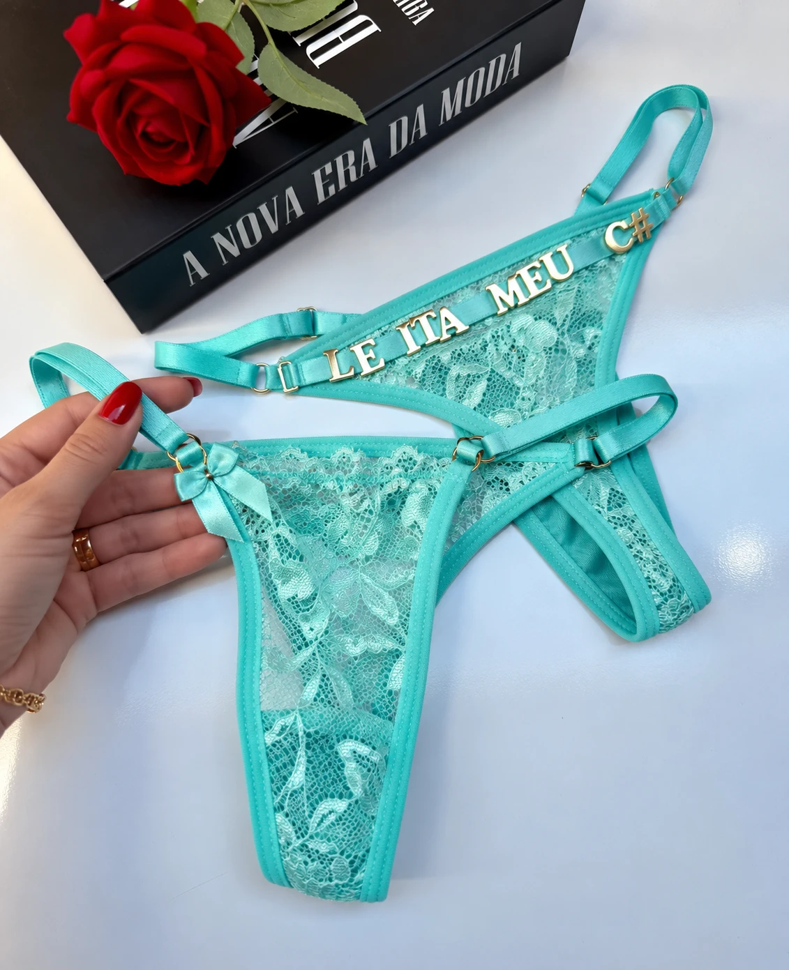 Calcinha Renda Personalizada Verde Tiffany - 1