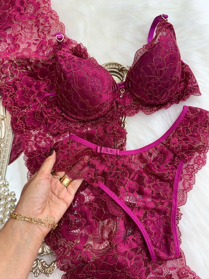 Conjunto Bojo Renda Fio Dourado Fúcsia - imagem 1