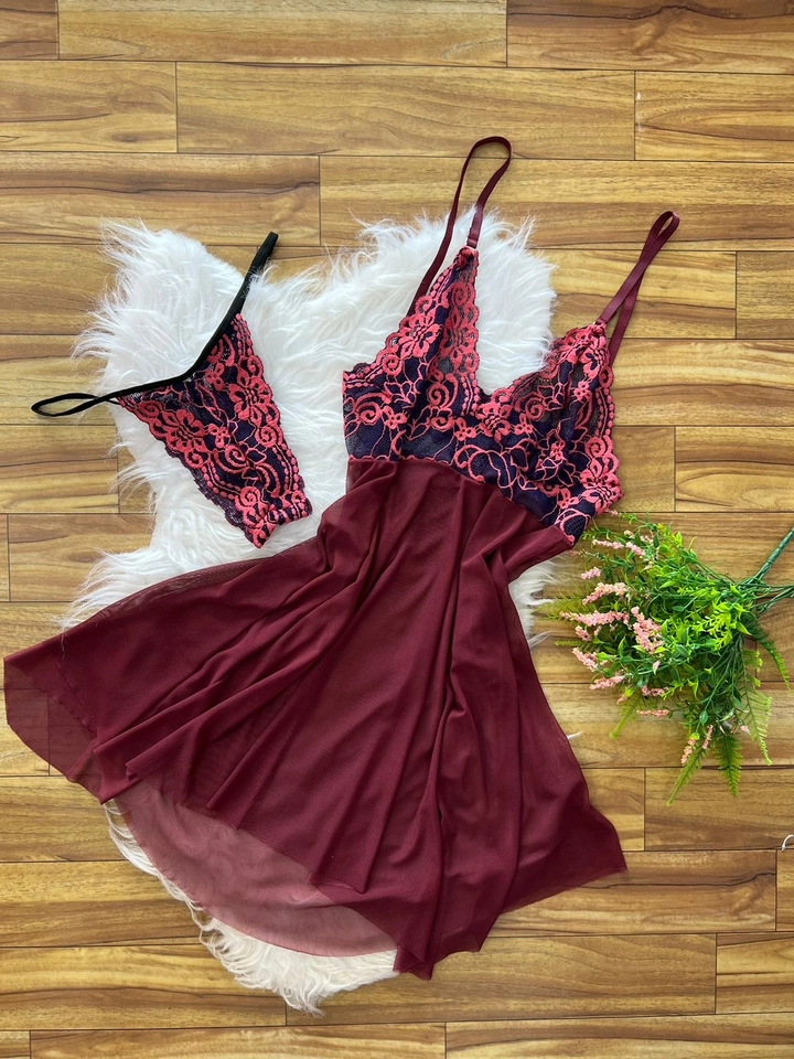 Camisola com calcinha Vinho/rosa - 1
