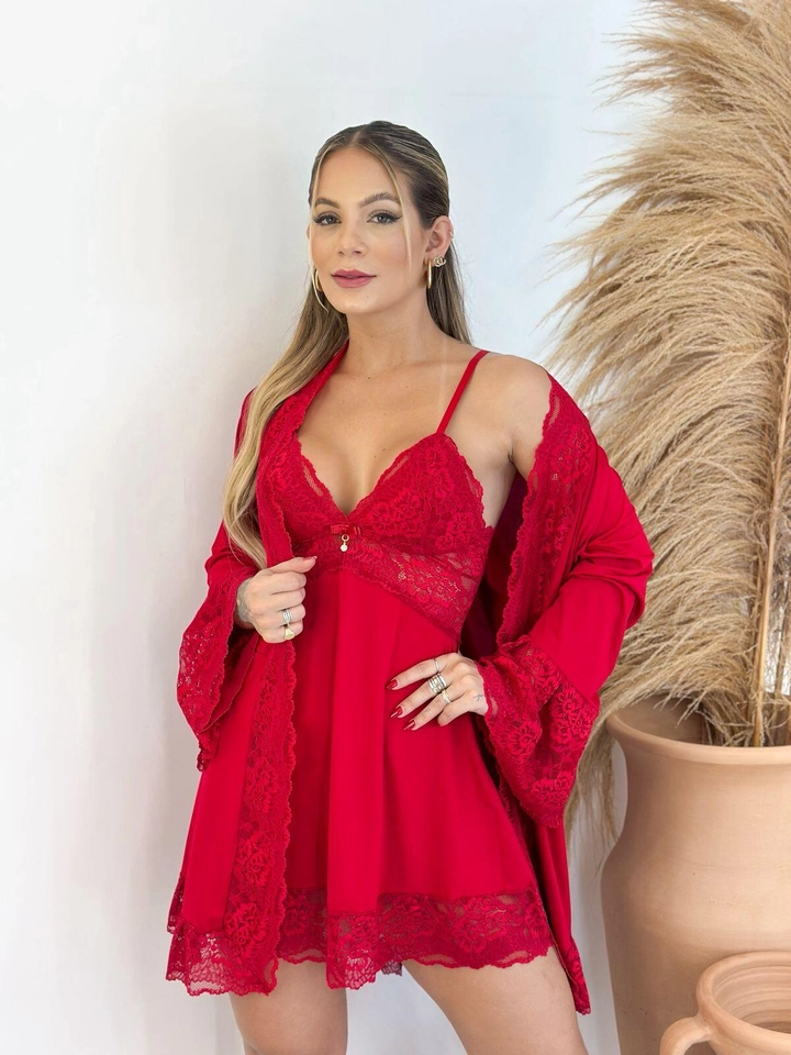 Kit Camisola com Calcinha e Robe Vermelho - 1